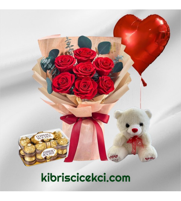 7 Kırmızı Gül Buketi 16'lı Ferrero Çikolata Ayıcık Kalp Helyum Balon